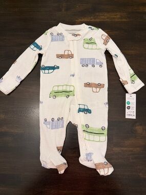 Carter's Cream Ribbed Footed One-Piece with Cars - 3M